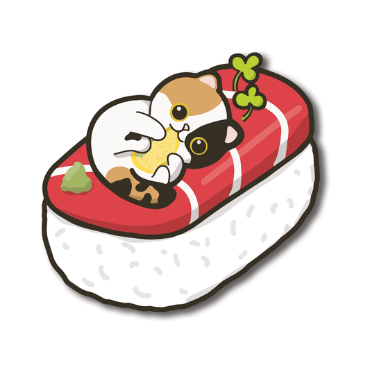 三毛猫【防水ステッカー】寿司キャラ（8cm）｜Pawsome Islandオリジナル｜かわいい食べ物デザイン