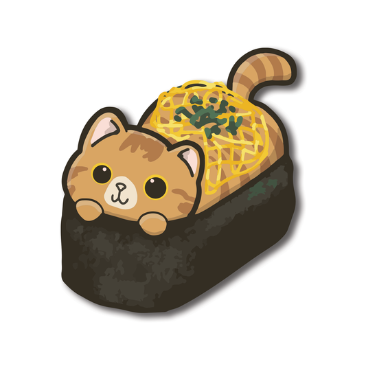 【防水ステッカー】虎斑猫寿司キャラ（8cm）｜Pawsome Islandオリジナル｜かわいい食べ物デザイン