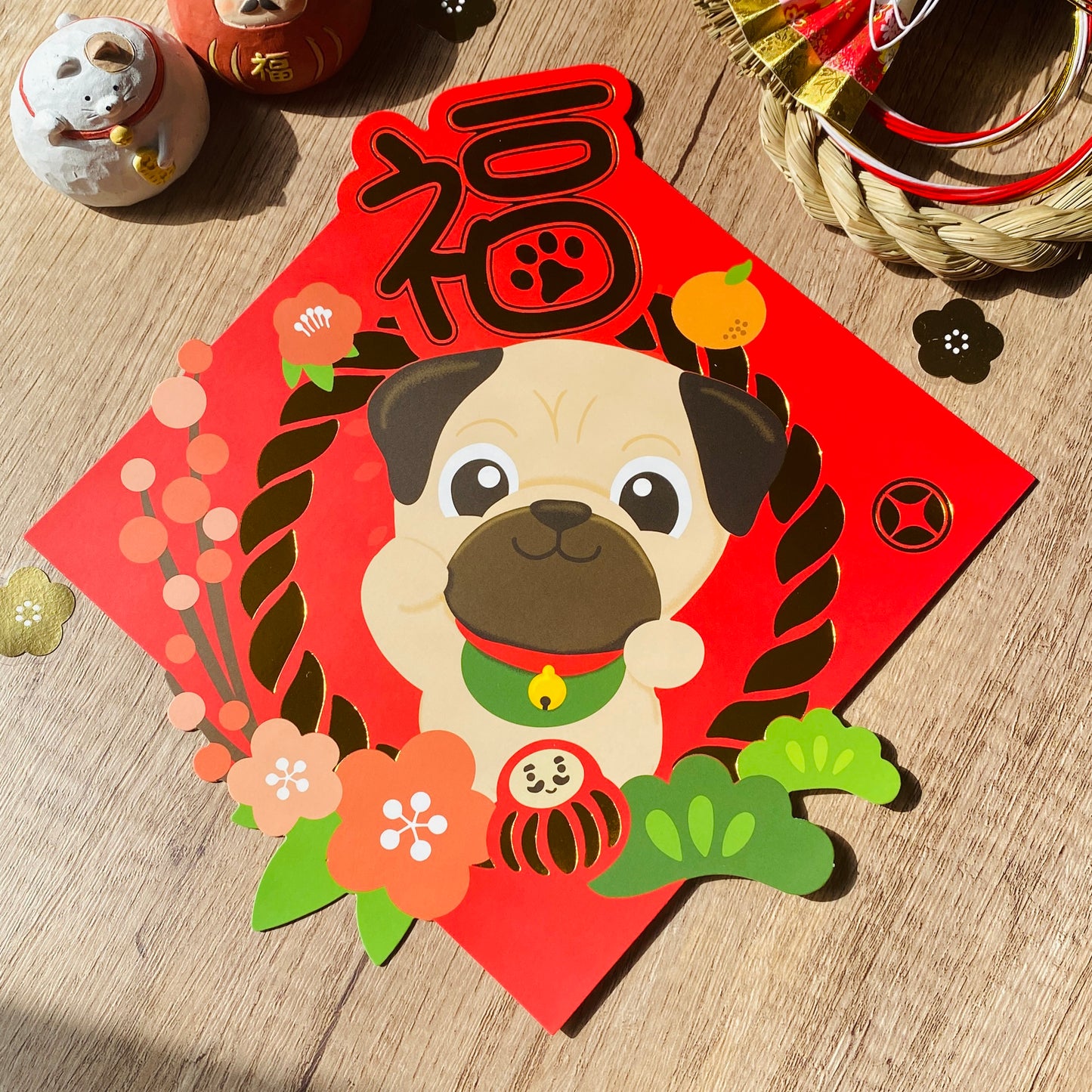 [2026年旧正月] パグ金箔スクエア連句（ファイ・チュン） - Pawsome Islandによるオリジナルイラスト