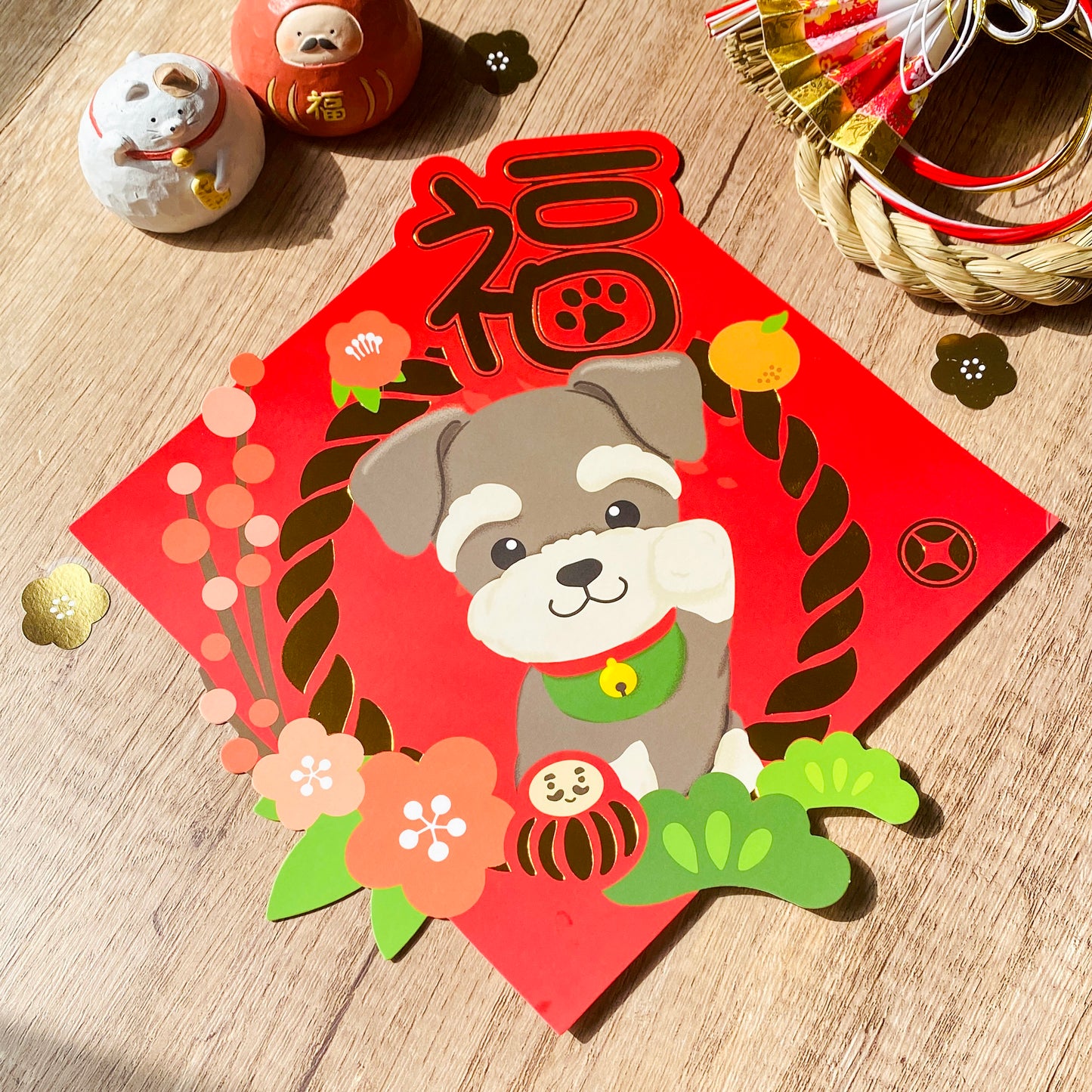 [2026年旧正月] コーギー金箔スクエア連句（ファイ・チュン） - Pawsome Islandによるオリジナルイラスト