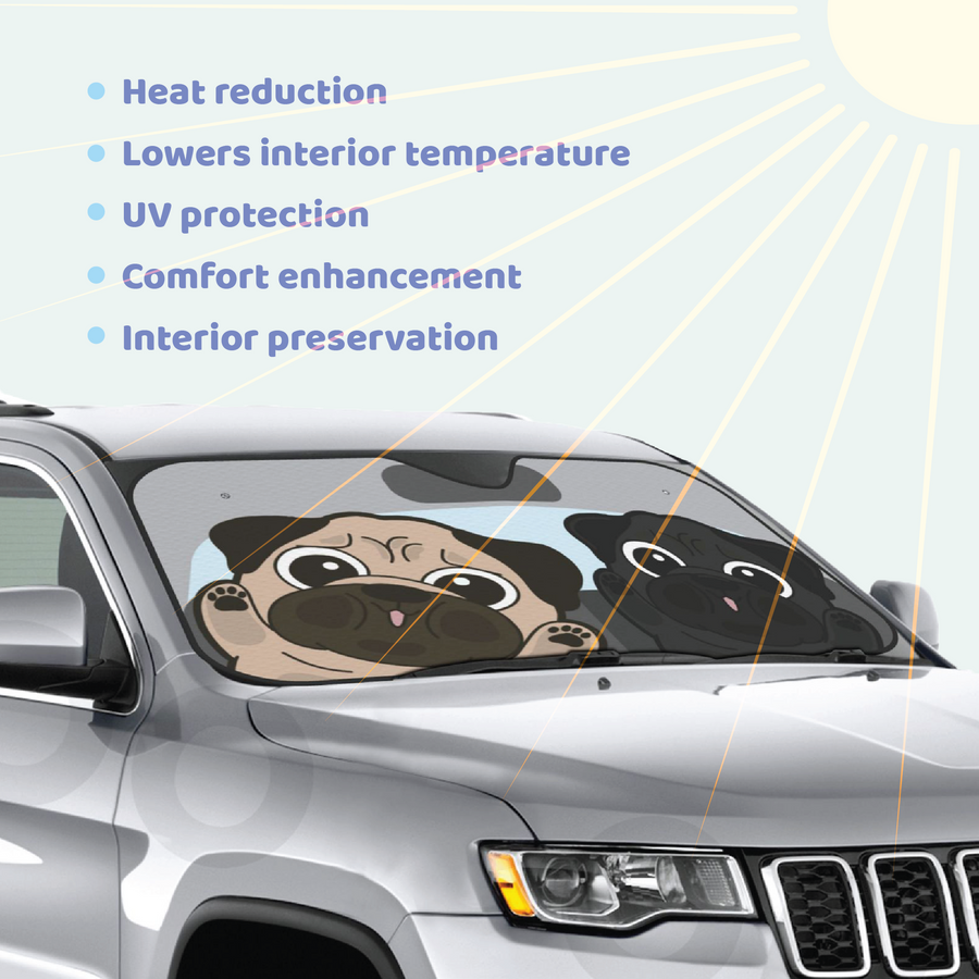 Pug Car Windshield Sun Shade, Cute Dog UV Protector, Pet Auto Sunshade - Pawsome Island - Pawsome Island