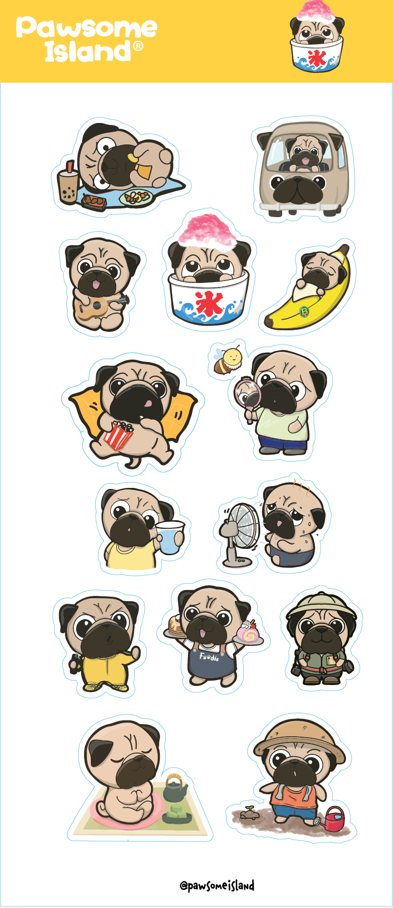 狗狗貼紙 Pawsome Island 八哥 Mike & Friends 防水插畫貼紙組
