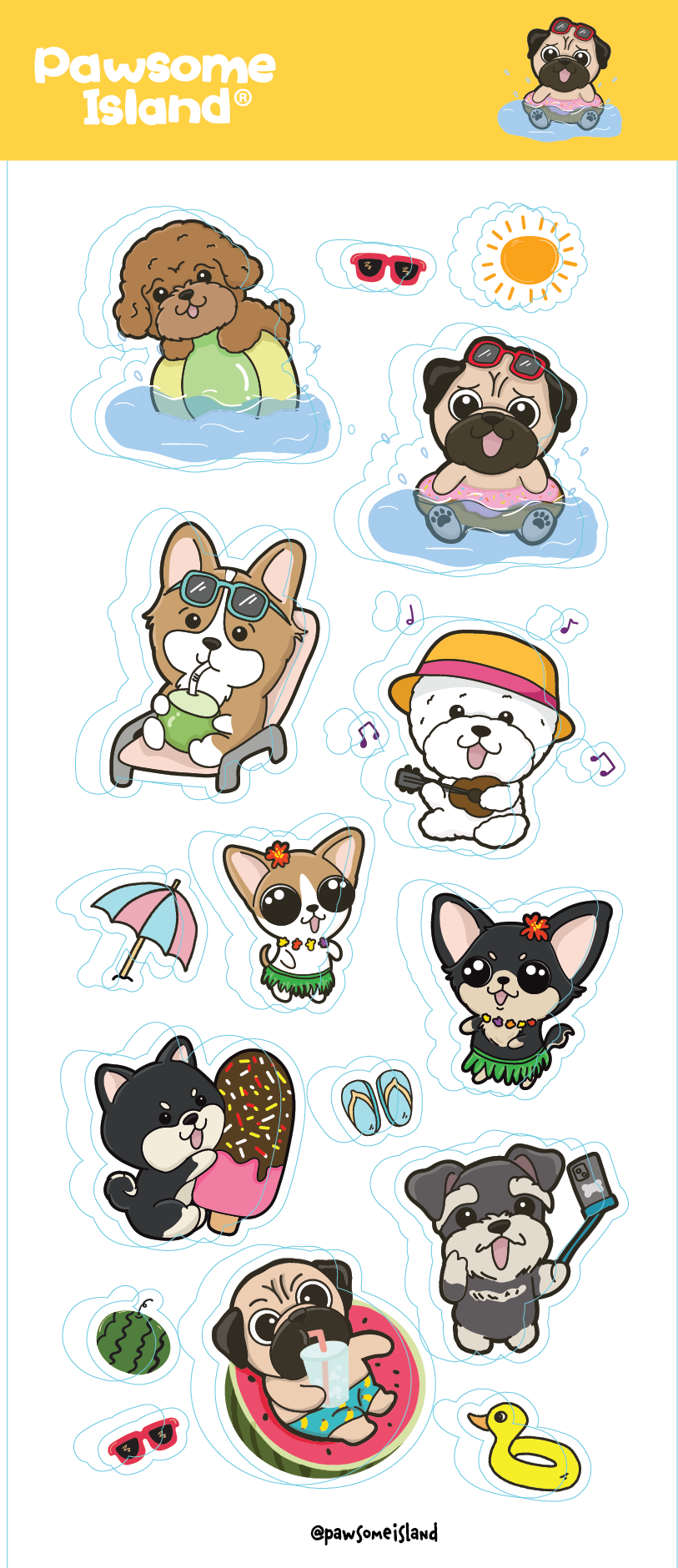 狗狗貼紙 Pawsome Island 八哥 Mike & Friends 防水插畫貼紙組